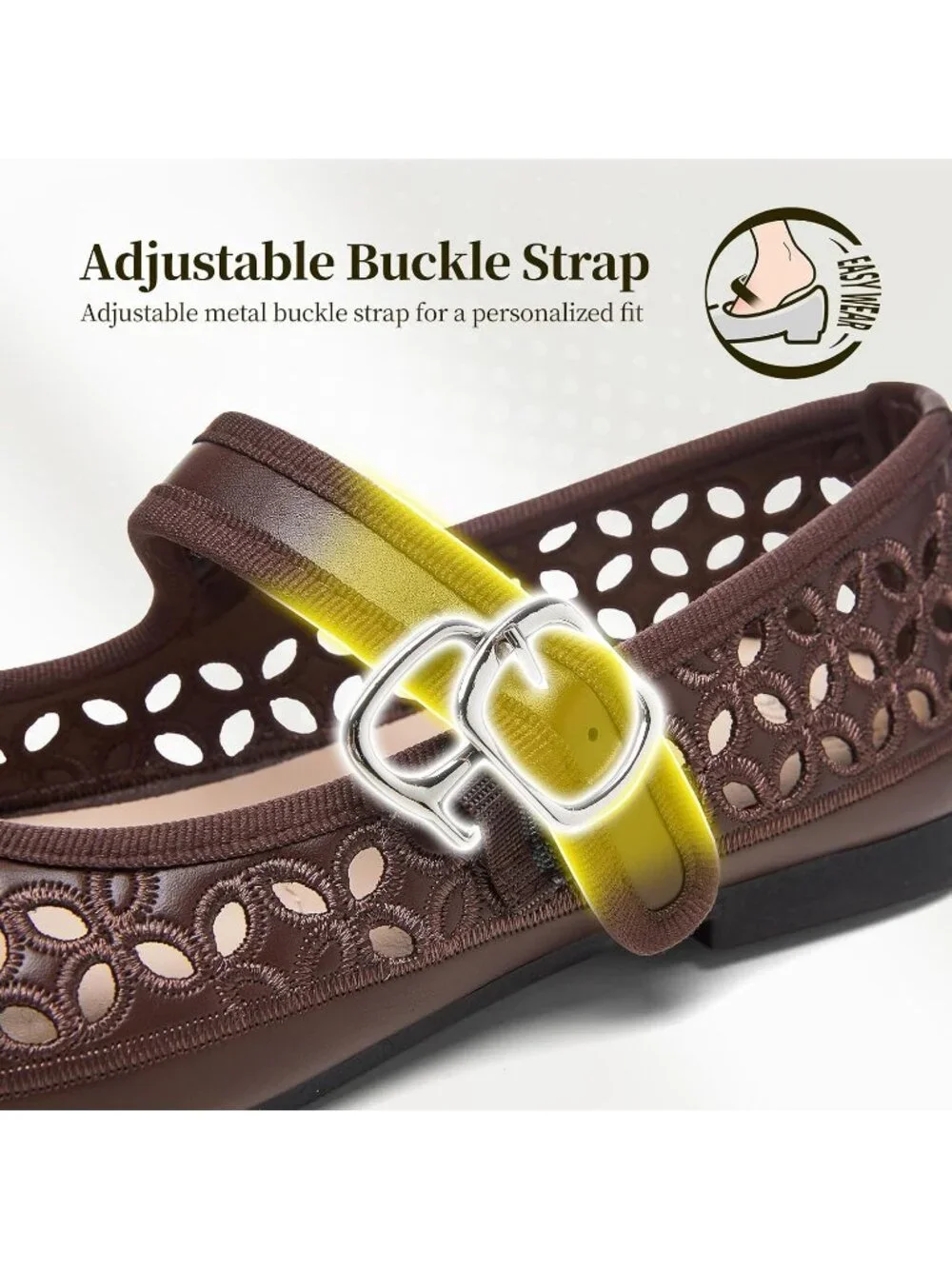 Women's Tan Faux Leather Round Toe Adjustable Buckle Strap Flat Slip On Shoes